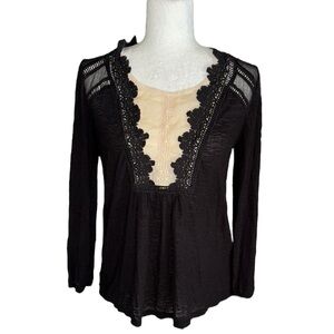 Anthropologie Meadow Rue Black & Cream Embroidered Crochet Lace Knit Top - S